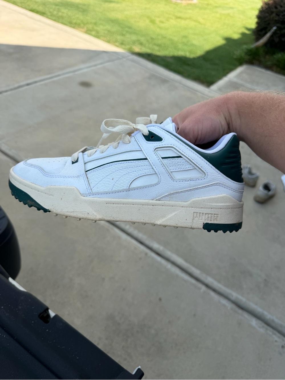 Puma White and Dark Green golf shoes
